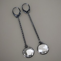 Artisan Clear Faceted Crystal Sterling Silver Blackened Drop Earrings 2 3/4”
