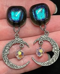 Art glass pewter magic moon face dangle crystal earrings artesian jewelry