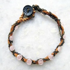 Genuine Leather Women’s Wrap Bracelet Pink Quartz Stones Metal Chain