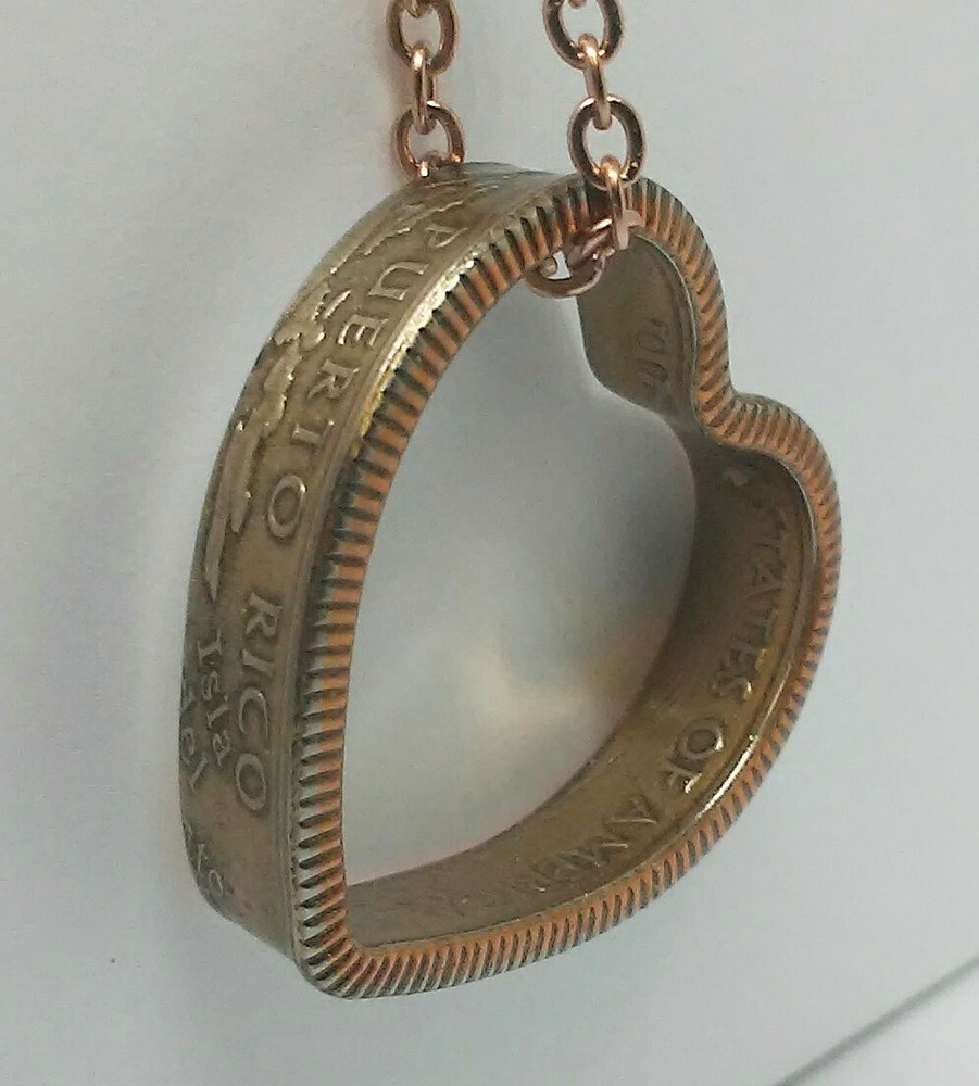 Heart shaped Pendant made from PUERTO RICO US coin ring 24 in chain colored gold