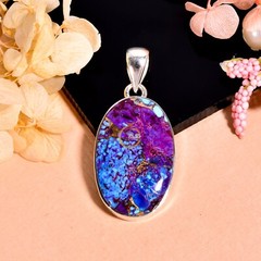 Blue and Purple Copper Turquoise Pendant 925 Sterling Silver Statement Pendant