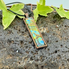 Pendant Necklace Handmade «Into The Ocean» Long Copper Bezel Glass Black Cord