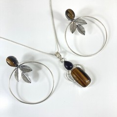 Tiger Eye Amethyst Necklace & Earrings Jewelry Set 925 Sterling Silver SOLO SET