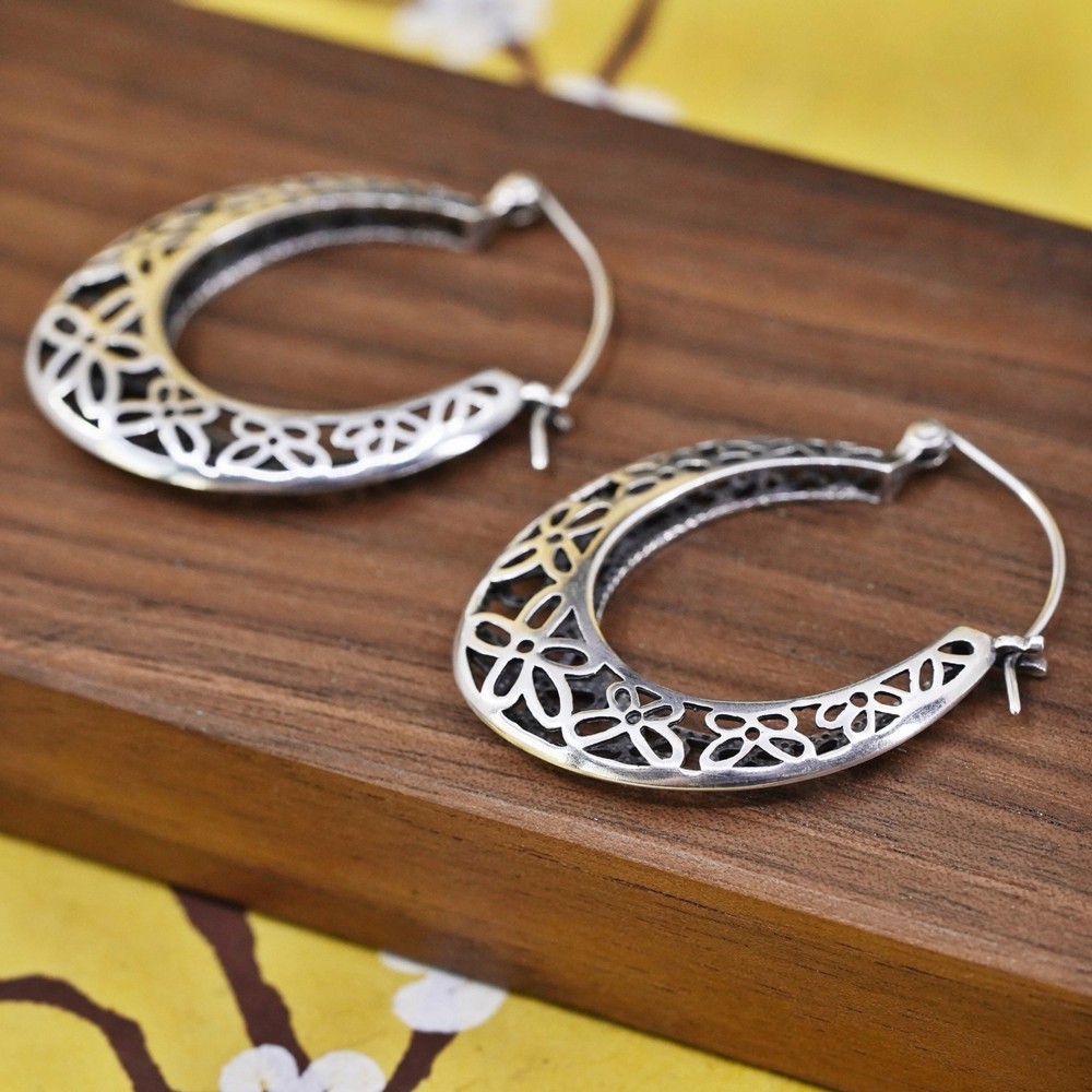 1.75″, VTG Sterling silver filigree earrings, 925 handmade oval huggie hoops