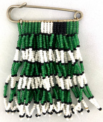 Large Handmade Woven seed beads Fringe on Saftey Pin Large Green, white , Black