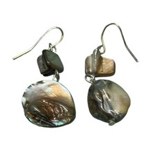 Natural MOP Abalone Shell Purple Grey Bead Dangle Hook Pierced Earrings 1.75”