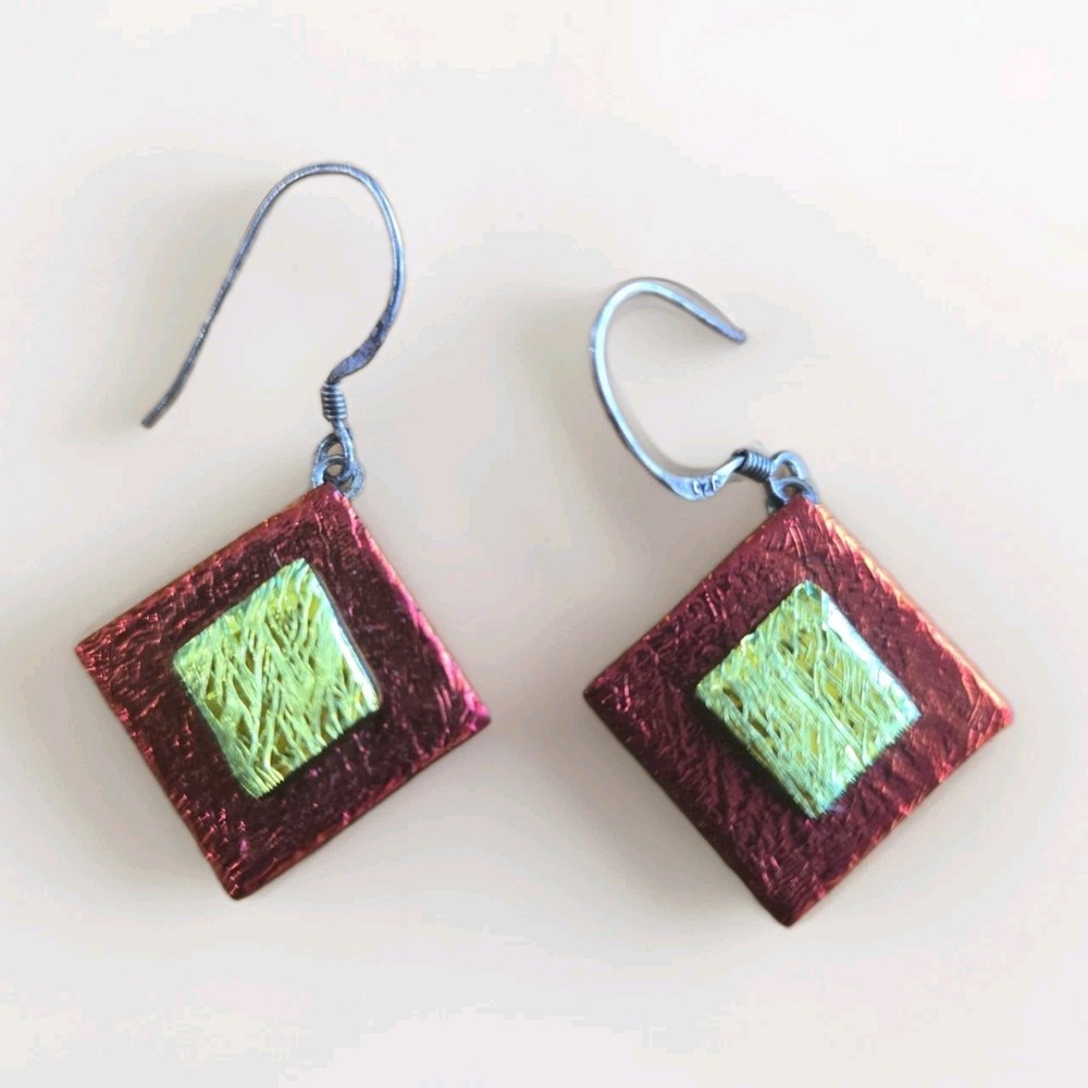 Dichroic Fused Glass 925 Sterling Silver Artsy Funky Retro Dangle Earrings