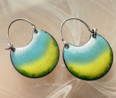 Fun Copper Enamel Hoop Earrings 925 Sterling Wires Green Yellow Artisan