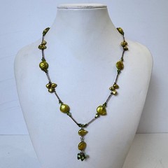 Chartreuse Green Keshi Pearl Crystal Liquid Silver Y-Necklace Artisan