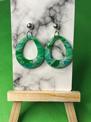 Handcrafted Teardrop Dangle Earrings Green White and Silver flakes
