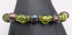 Black Baroque Pearls Green Handmade Lampwork Green Rhinestones Beaded Bracelet