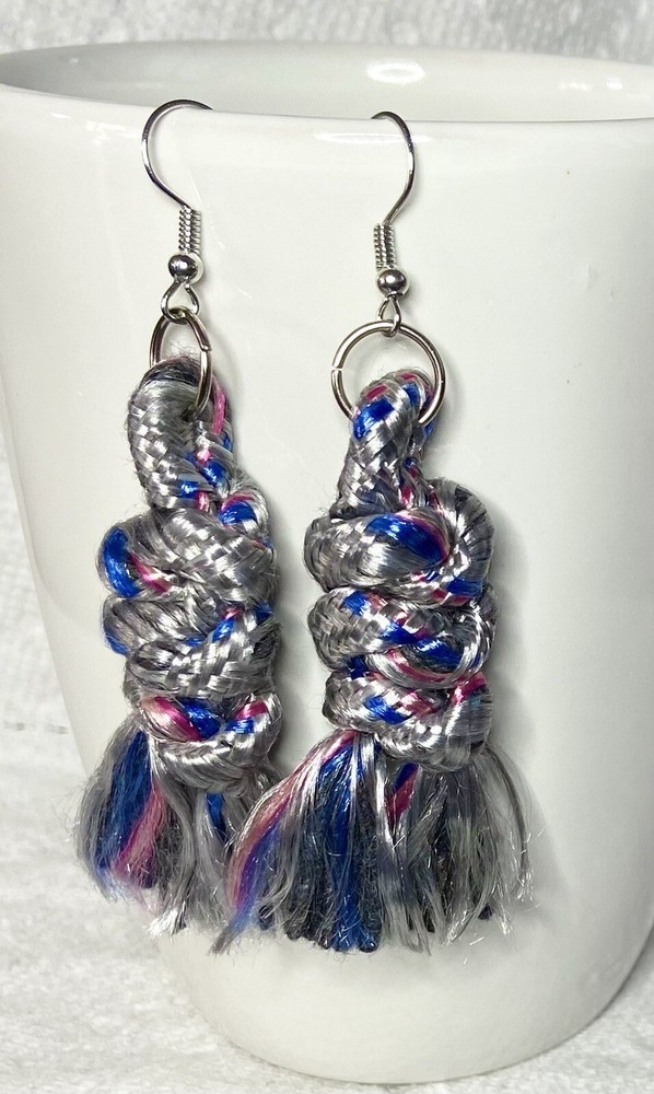 Handmade Macrame Earrings Mermaid Tail Silver Pink Blue Black Nylon Cotton Cord