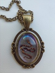 Handmade Snake Pendant Necklace Glass Stain Painted Acrylic Cabochon Bronze Tone