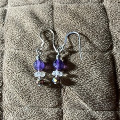 Handcrafted Purple Clear Round Glass Beaded Dangle Earrings Silver Tone Hook