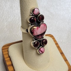 Pink Dahlia Turquoise Heart Ring Sterling Silver 925 Artisan Statement Ring Sz 7