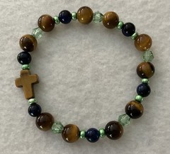Ladies Christian w/Cross Brown Tiger Eye GemStone & Green Beaded Bracelet 7.25”