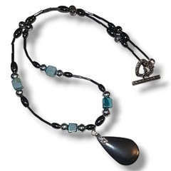 Hematite Teardrop Pendant Necklace 18in Hematite Beads Turquoise Stone Squares