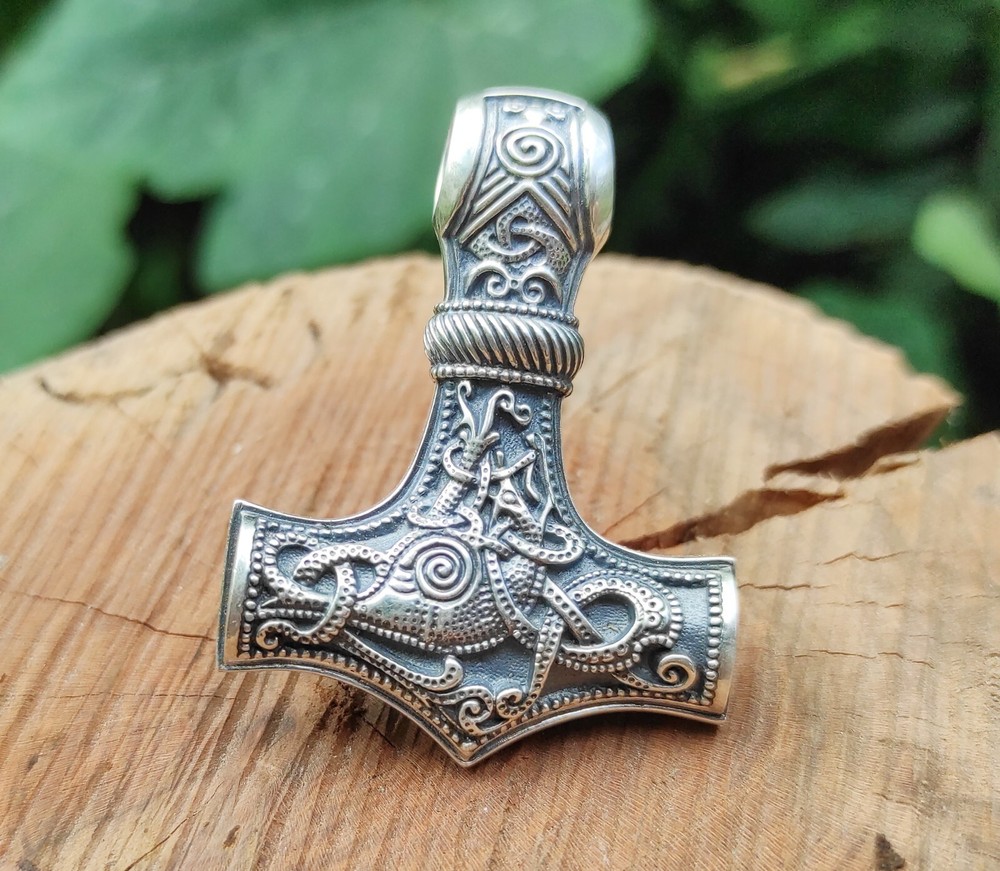 Mammen Mjolnir Silver Pendant, Viking Thor Hammer Necklace Replica, Pagan Amulet