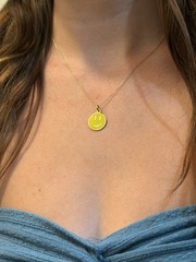 14k SOLID Gold Happy Smile Face Pendant Personalized Necklace, Engrave Text Word