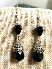 ON SALE*EXQUISITE HANDCRAFTED JET CRYSTAL BRIOLETTE & SILVER DROP EARRINGS-NEW
