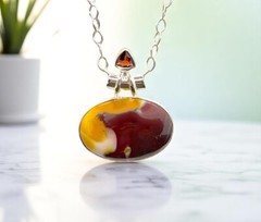 Mookaite Jasper Stone W/ Garnet Pendant Necklace 925 SS Oval Pendant w/ Chain