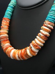 Spiny Oyster & Turquoise Graduated Sterling Silver Necklace 17″ 03004