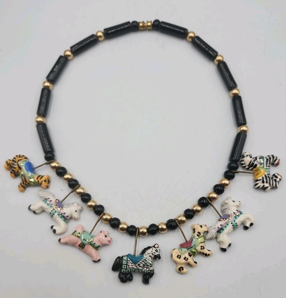 Flying Colors Ceramic Carousel Animals Necklace Horse Lion Zebra Pig 20″