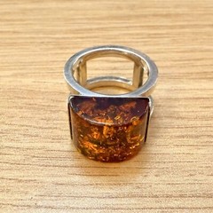Artisan Made Faux Amber Statement Ring Size 6.5 Silvertone Band Fashion Jewelry