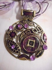 3 Different medallions on organza ribbon necklace red, purple, green you choose