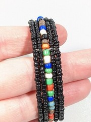 Artisan Colorful Black Bead Memory Wire Open Cuff Bracelet Tribal Style