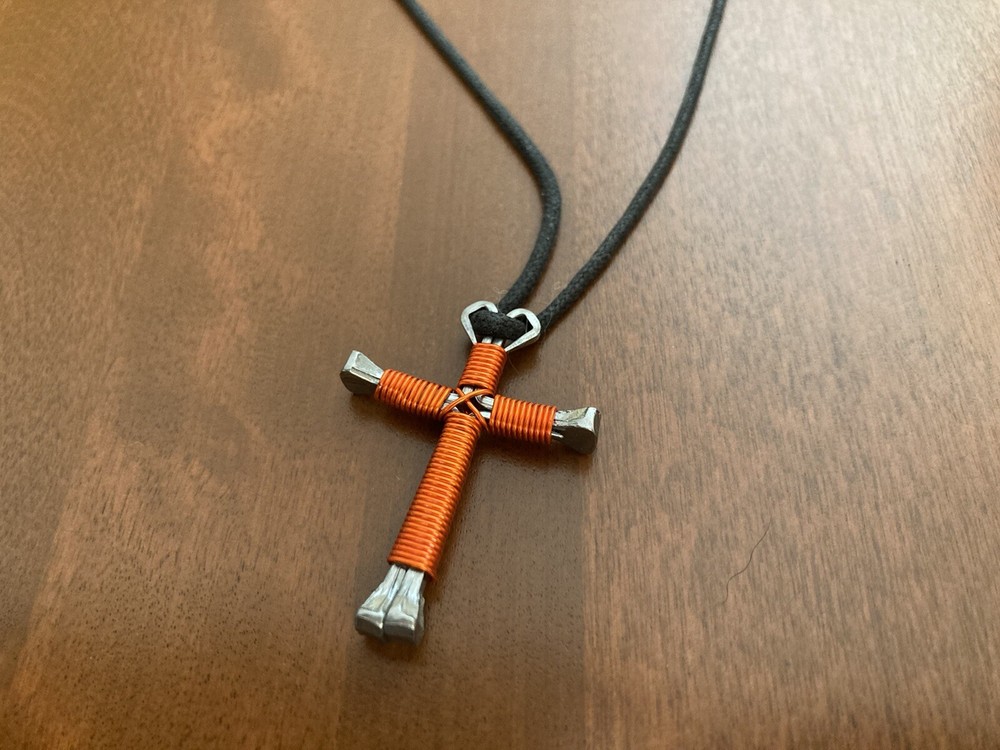 Metal Cross of Nails w/ Sliding Knot Necklace Red Unisex Handmade