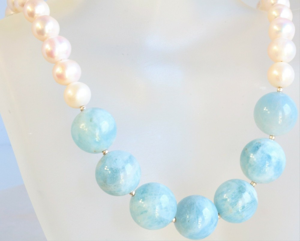 NATURAL BLUE LARGE MILKY AQUAMARINE WHITE PEARL 925 Silver NECKLACE Joy’s Jewels