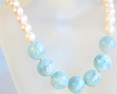 NATURAL BLUE LARGE MILKY AQUAMARINE WHITE PEARL 925 Silver NECKLACE Joy’s Jewels