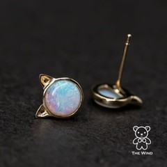 Cute Kitty Cat Ears Round Australian Solid Opal Stud Earrings 14k Yellow Gold