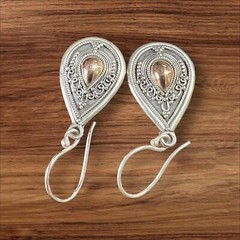 Dangle Teardrop Earrings w Sterling Silver 925 and 18K Gold accents. Hook Clasp.