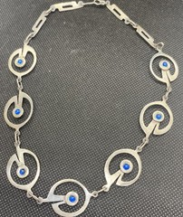 Fun Geometric Sterling And Blue Stone Modern Necklace 16” As Is Unique Design