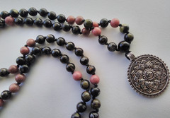 Mala 108 Beads, Flower Obsidian, Rhodonite & Onyx Hand knotted Mala Necklace