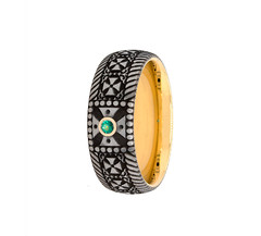 Tungsten Yellow Gold and Black Wedding Ring with Crosses and Green Emerald