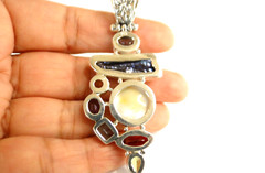 White Mabe Pearl Black Biwa Multi Gemstone 925 Sterling Silver Pendant