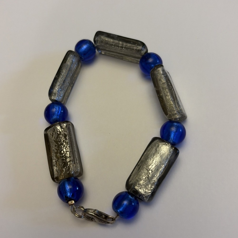 Vintage Glass Bracelet Silver Foil & Blue Bead Inches Bracelet 7 1/2 “