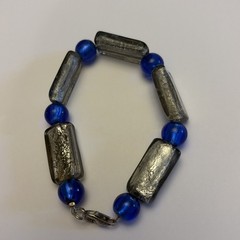 Vintage Glass Bracelet Silver Foil & Blue Bead Inches Bracelet 7 1/2 “