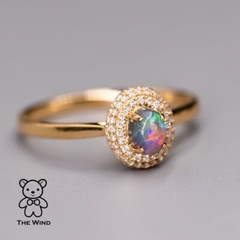 Classic Design Australian Black Opal Diamond Engagement Wedding Ring 18K Gold