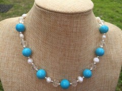 Handmade Necklace of Turquoise Blue Stones, White Pearls and Clear Glass Beads
