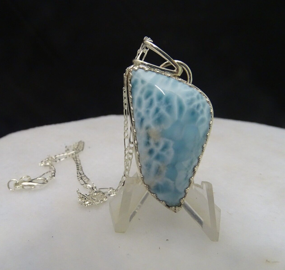 LARIMAR PENDANT HANDMADE SET IN STERLING SILVER WITH STERLING SILVER CHAIN WOW!