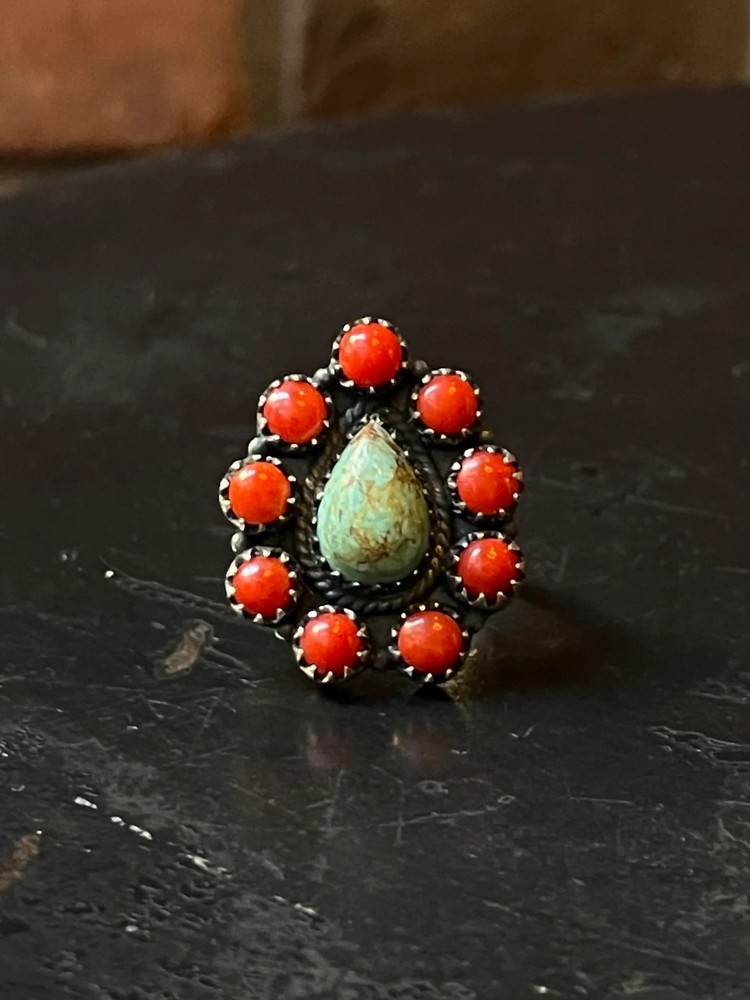 Kingman Turquoise Coral Cluster Ring | Sterling Silver | Size 8 | A162