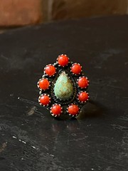 Kingman Turquoise Coral Cluster Ring | Sterling Silver | Size 8 | A162