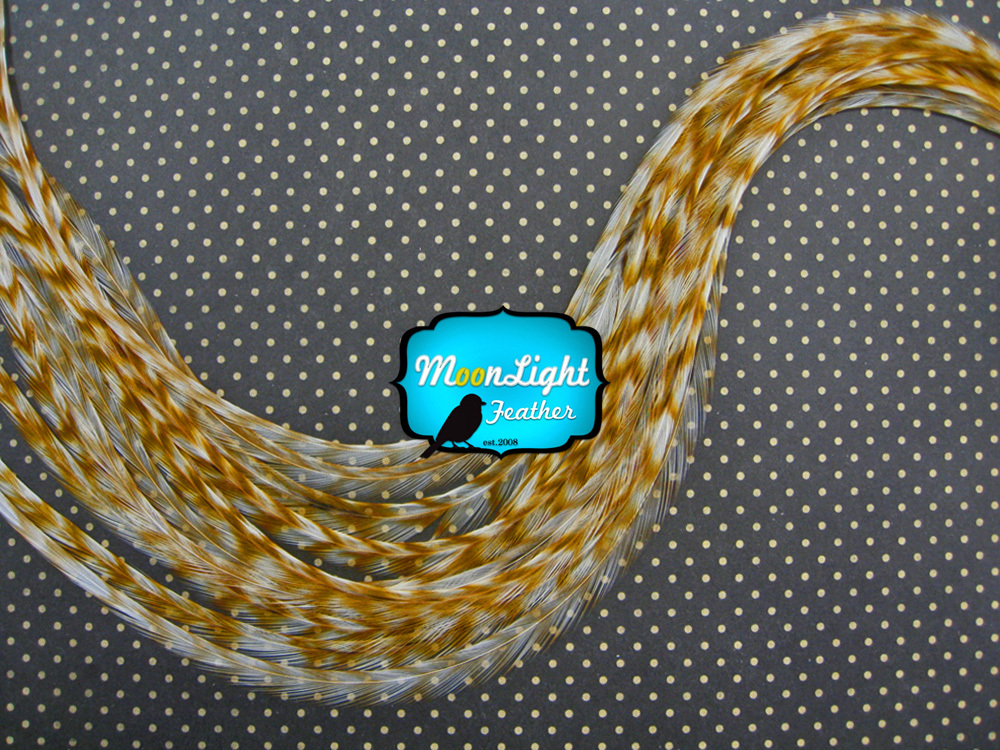 BLEACHED Thin Long Grizzly Rooster Feather and Silicon Bead