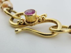 18k Gold S-Hook Clasp Necklace Preach Pearl Pink Gem Granulated Handcrafted 16″