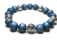 Blue Druzy Agate & .925 Tibetan Silver Bali Bead Gemstone Beaded Bracelet