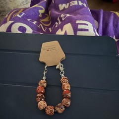 Handmade with love Beaded Bracelet Brown Red Wood Adjustable Lobster Silver